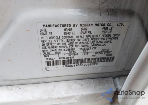 2003 Nissan Altima 2.5 S z USA, uszkodzony, nr VIN 1N4AL11D33C238629